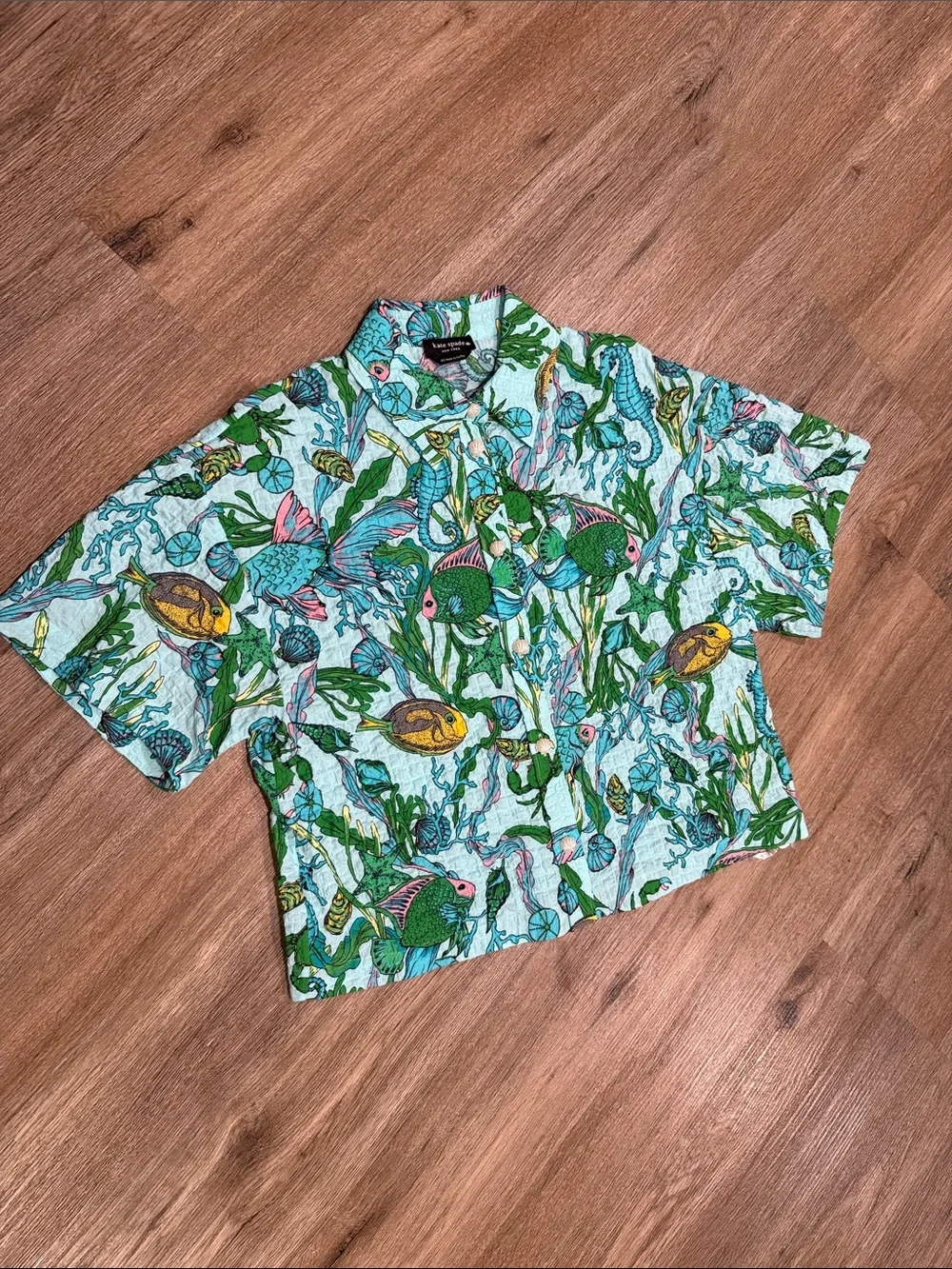 NWT kate spade aqua, green and pink “under the sea” crop oversized blouse top
